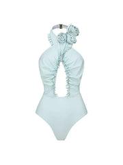 Halter Backless Swimsuit with 3D Floral Set