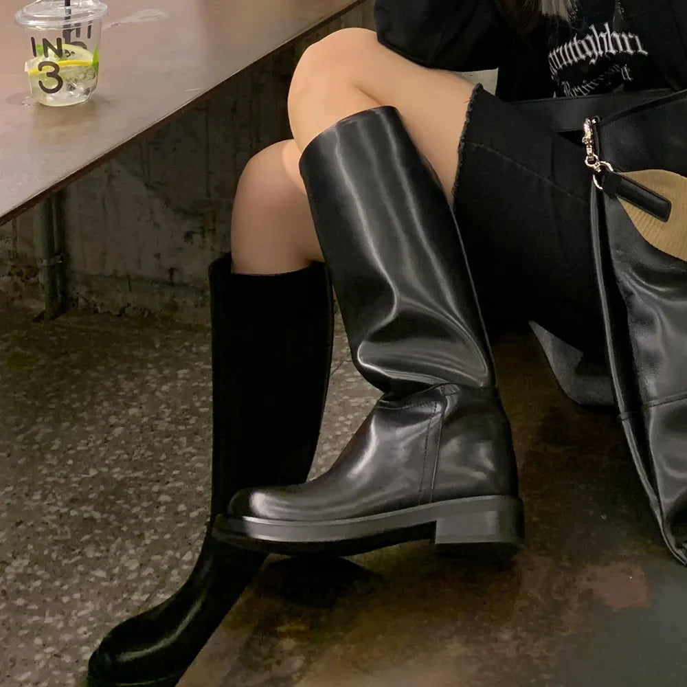 Round toe Platform Cowhide Riding Boots