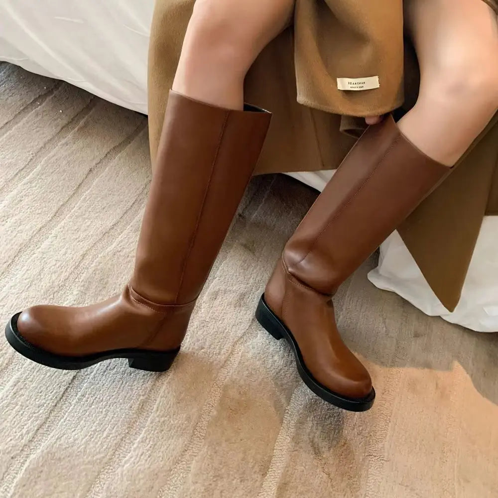 Round toe Platform Cowhide Riding Boots