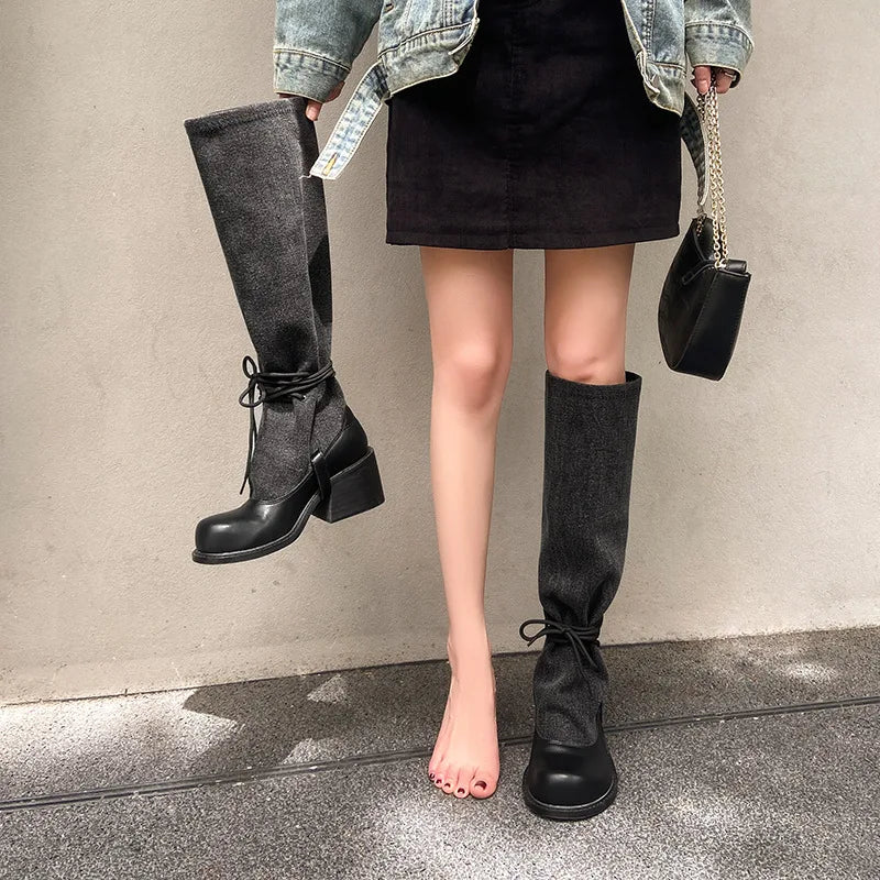 Autumn Ankle strap cowhide Knee high Boots