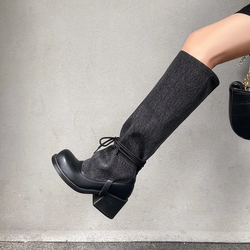 Autumn Ankle strap cowhide Knee high Boots