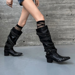Autumn Belt buckle cowhide Knee high Boots