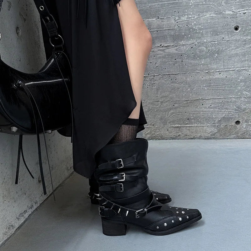 Autumn Belt buckle cowhide Knee high Boots
