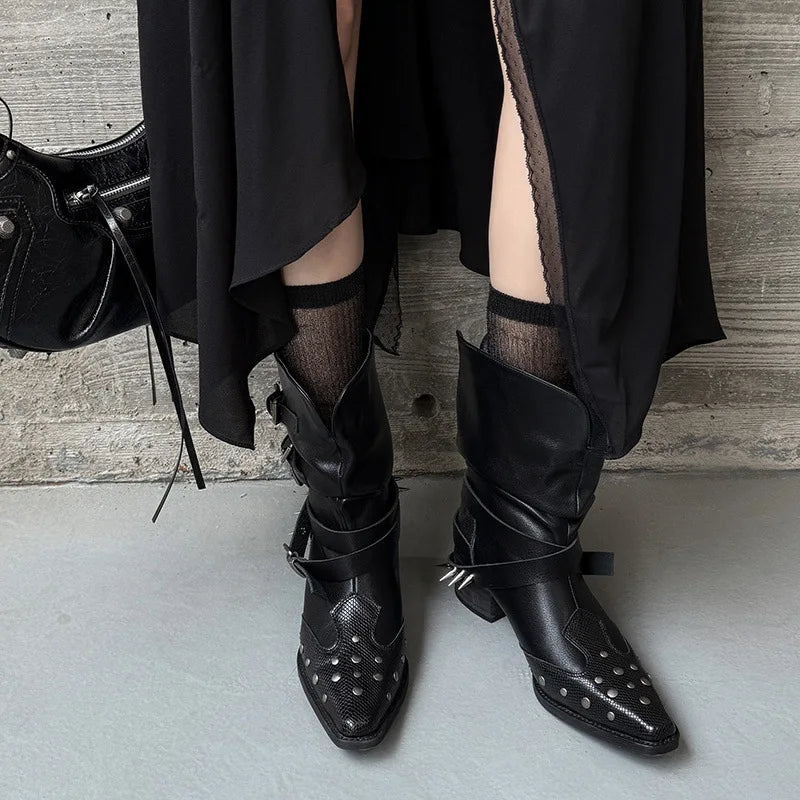 Autumn Belt buckle cowhide Knee high Boots
