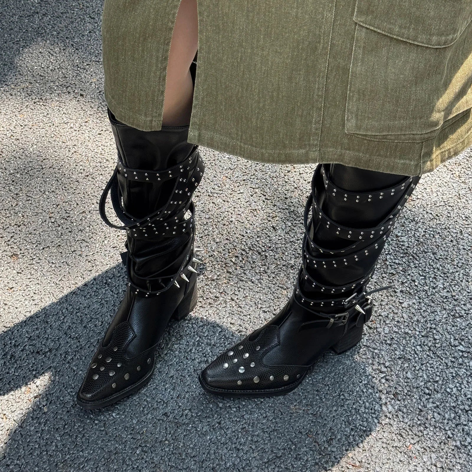 Autumn Belt buckle cowhide Knee high Boots