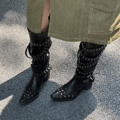 Autumn Belt buckle cowhide Knee high Boots