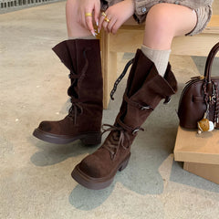 Autumn Belt buckle platform Cow suede Riding Boots
