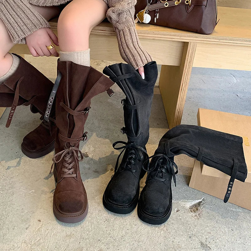 Autumn Belt buckle platform Cow suede Riding Boots