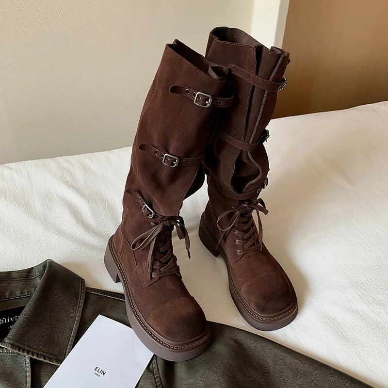 Autumn Belt buckle platform Cow suede Riding Boots