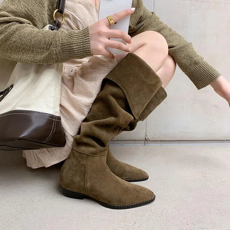 Autumn Cow suede Turned-over Edge Knee high Boots