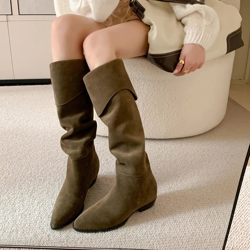 Autumn Cow suede Turned-over Edge Knee high Boots