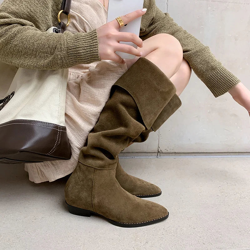 Autumn Cow suede Turned-over Edge Knee high Boots