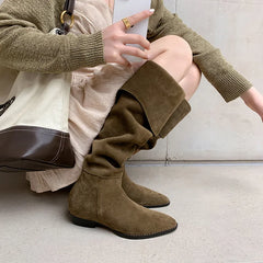 Autumn Cow suede Turned-over Edge Knee high Boots
