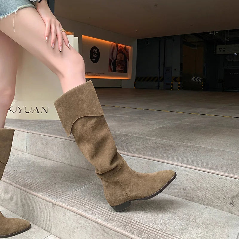 Autumn Cow suede Turned-over Edge Knee high Boots