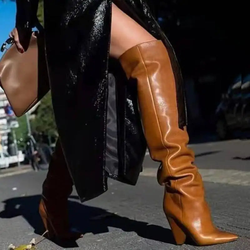 Autumn Winter Tapered heel Pleated Over the knee Boots