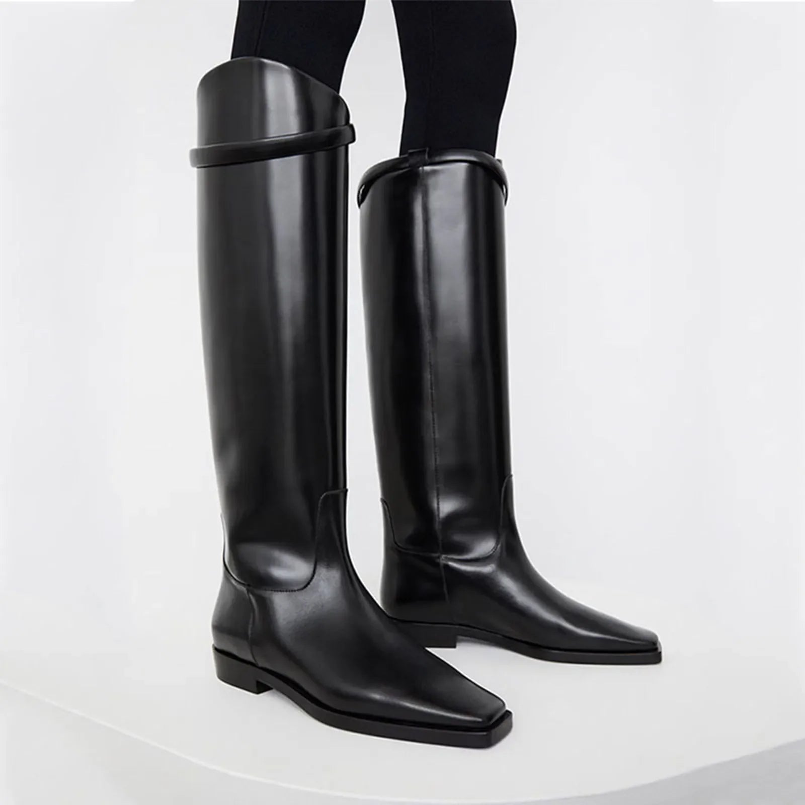 Autumn Winter Women's Cowhide square heel Knee high Boots