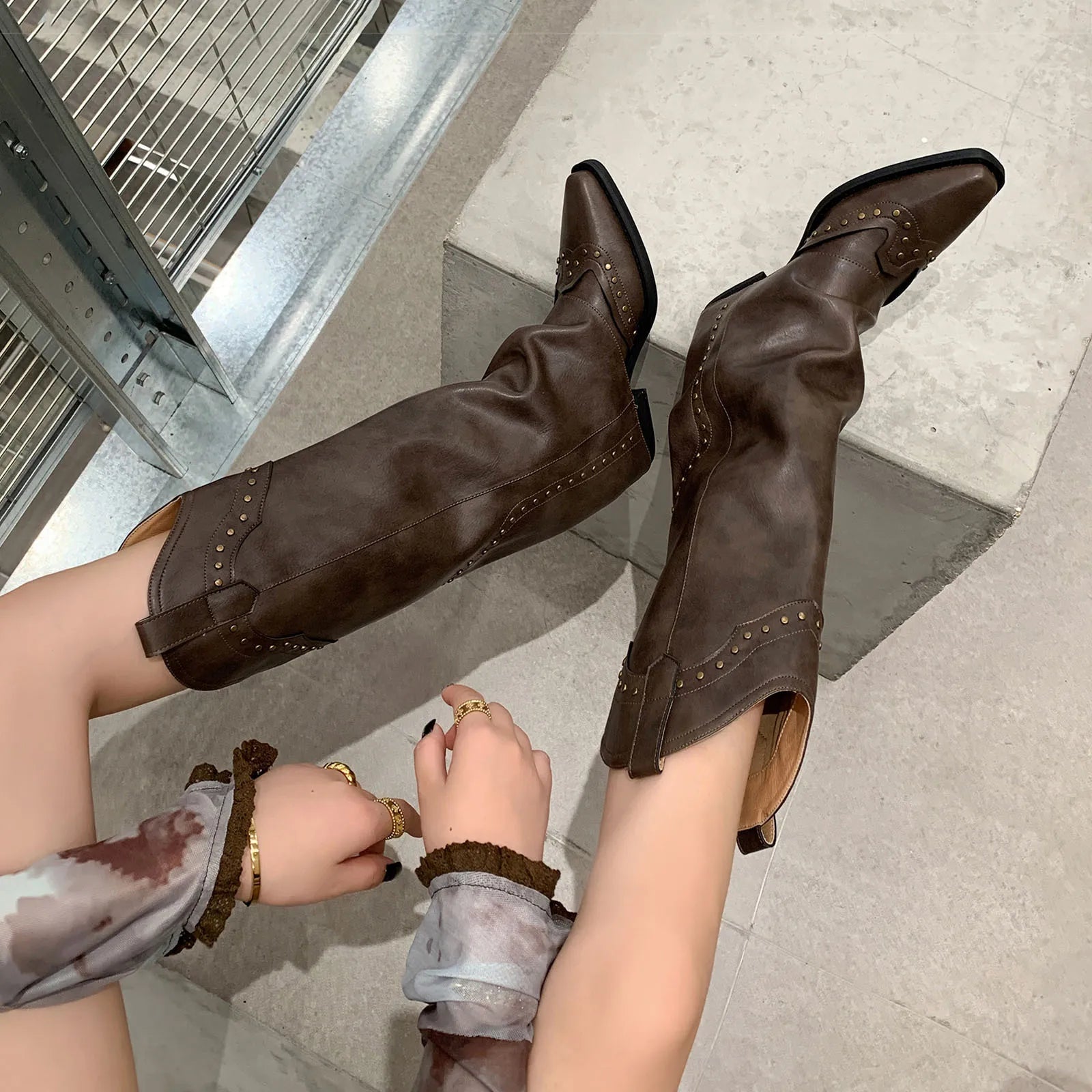 Autumn cowhide Rivet Western Boots