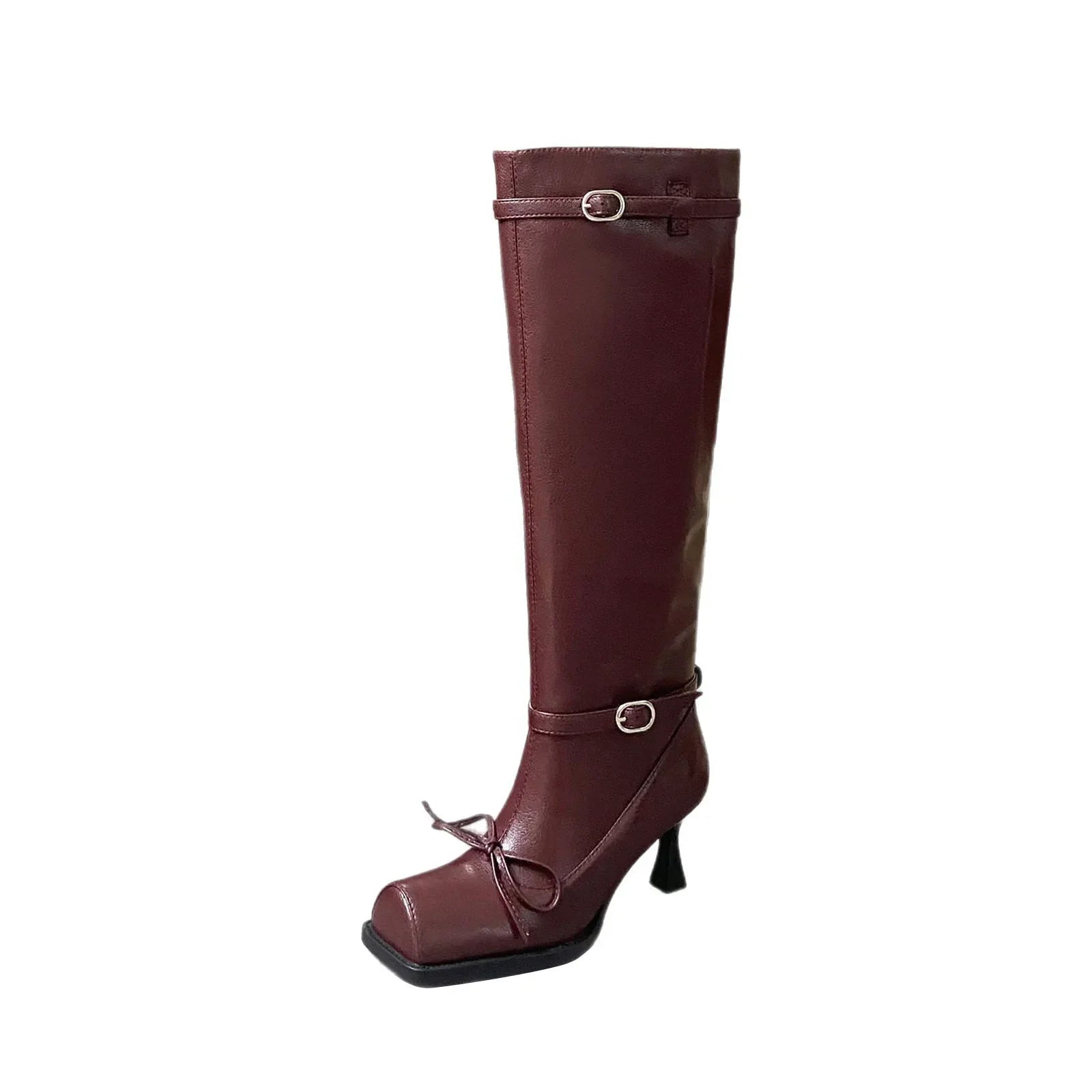 Square toe sheepskin Pleated knee high Boots
