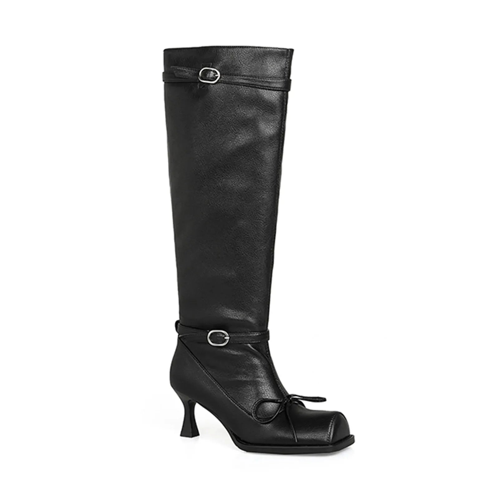 Square toe sheepskin Pleated knee high Boots