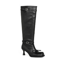 Square toe sheepskin Pleated knee high Boots