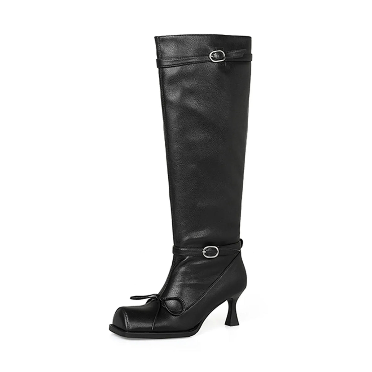 Square toe sheepskin Pleated knee high Boots