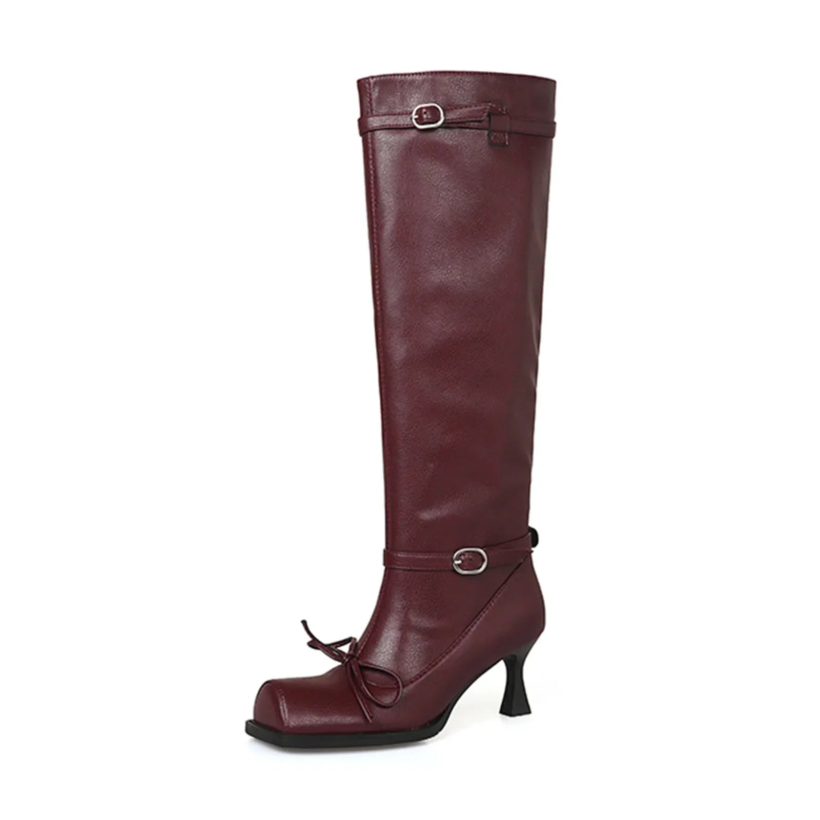 Square toe sheepskin Pleated knee high Boots