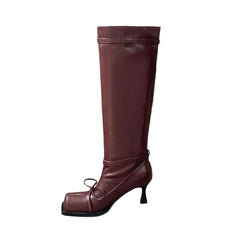 Square toe sheepskin Pleated knee high Boots