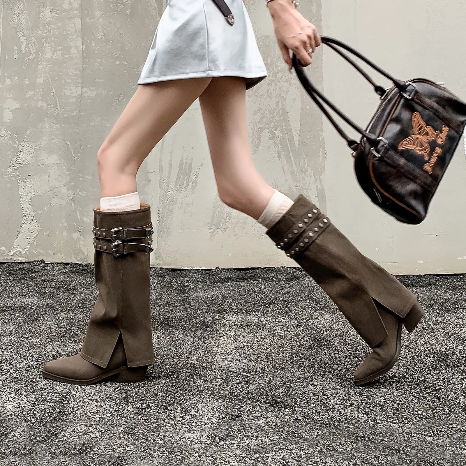 Autumn Belt buckle cowhide Trouser legs Boots