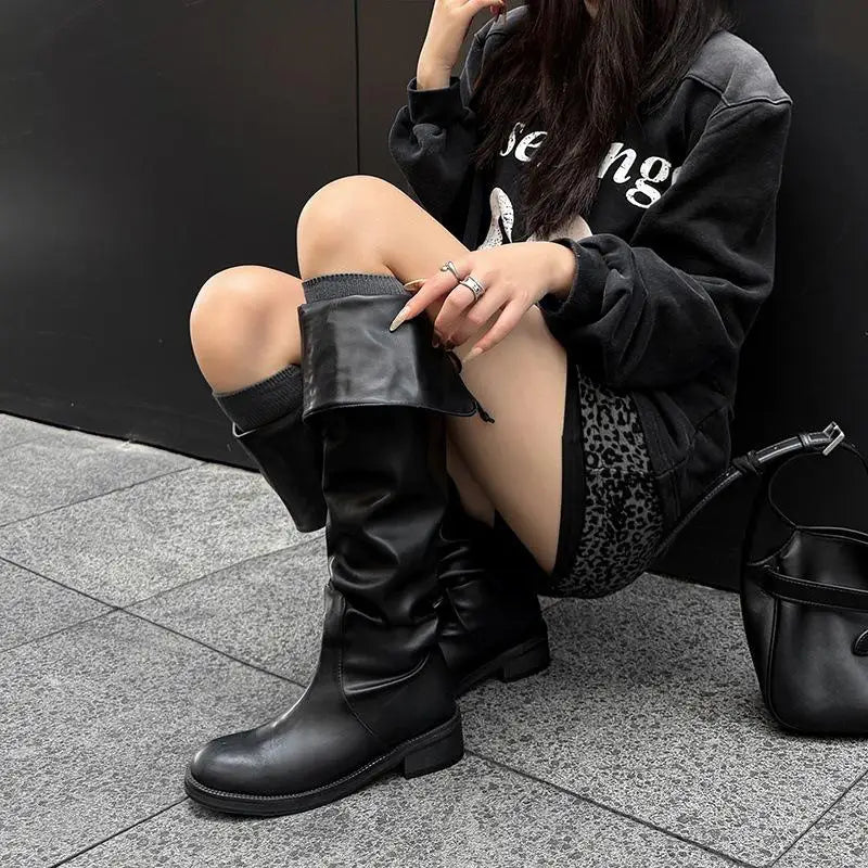 Autumn Black cowhide Riding Boots