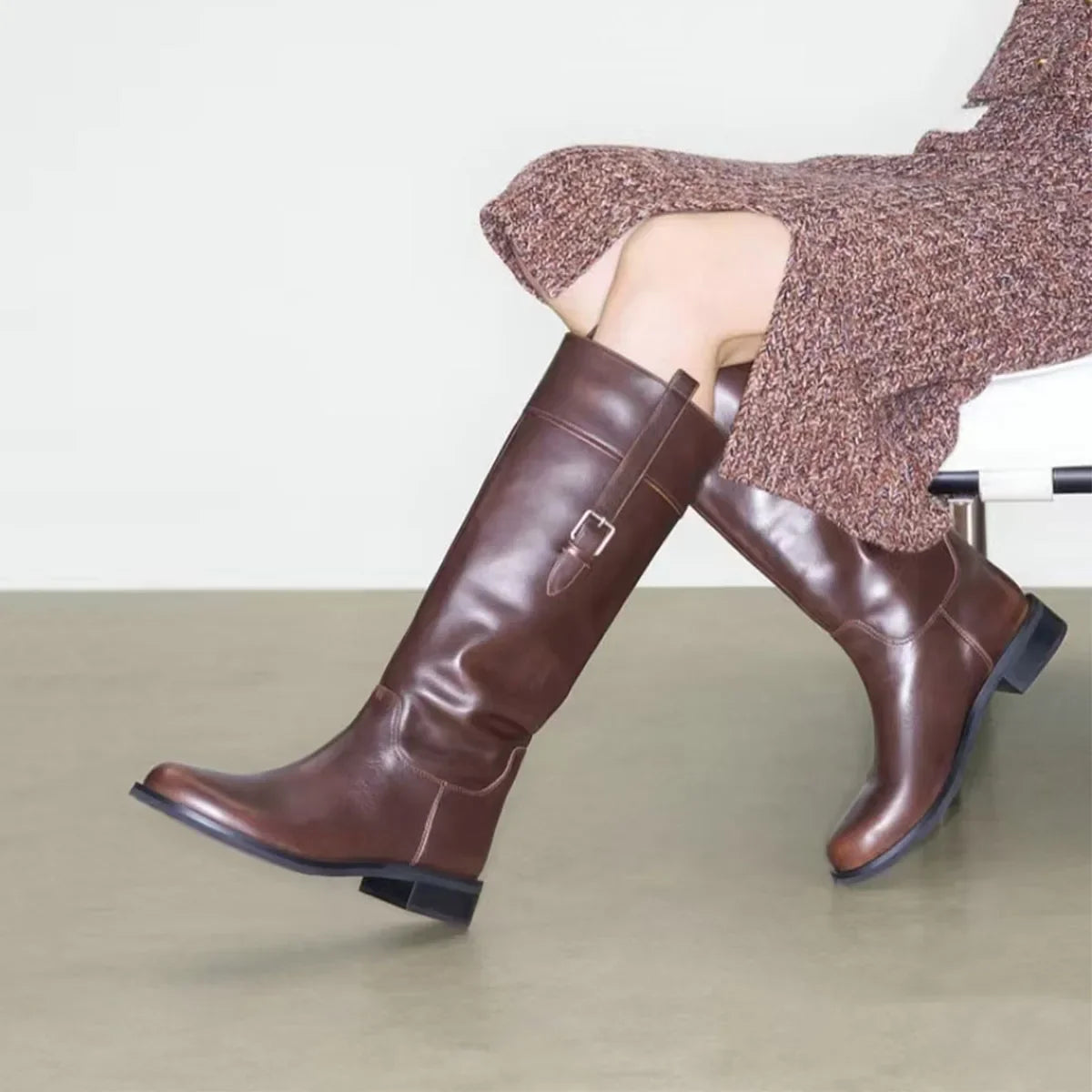 Autumn Brown cowhide Belt buckle Riding Boots