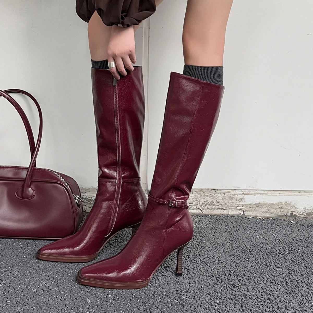 Autumn Burgundy cowhide Stilettos heels Skinny Boots