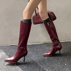 Autumn Burgundy cowhide Stilettos heels Skinny Boots