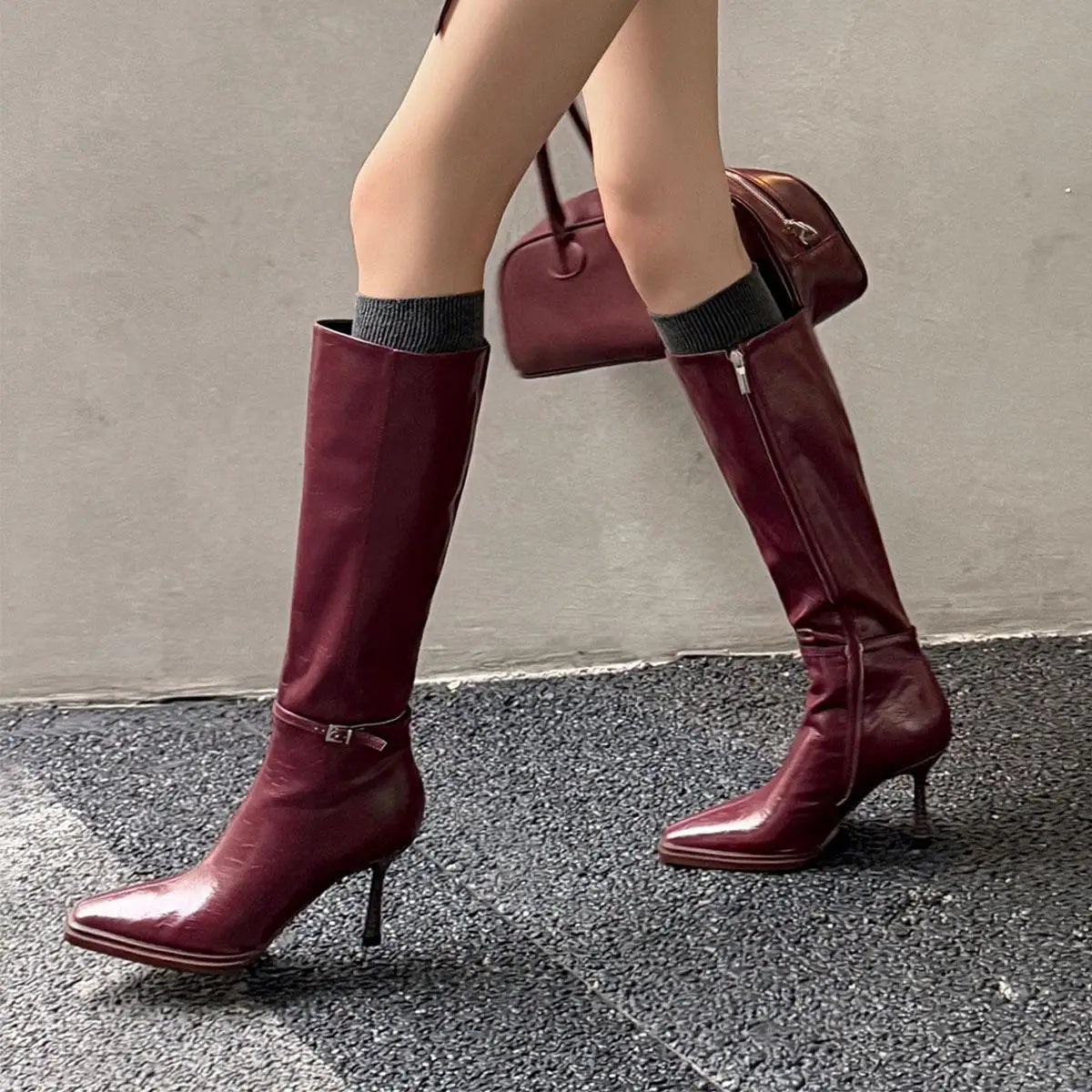 Autumn Burgundy cowhide Stilettos heels Skinny Boots