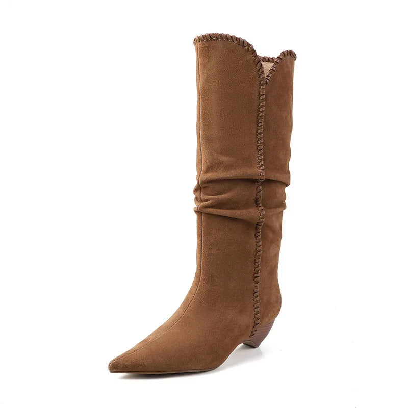 Autumn Cow suede Pleated Western Boots