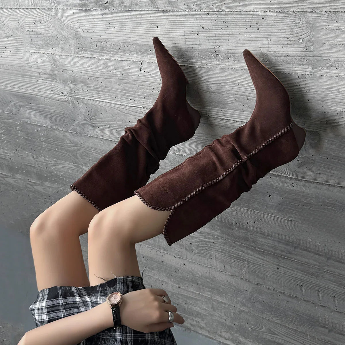 Autumn Cow suede Pleated Western Boots