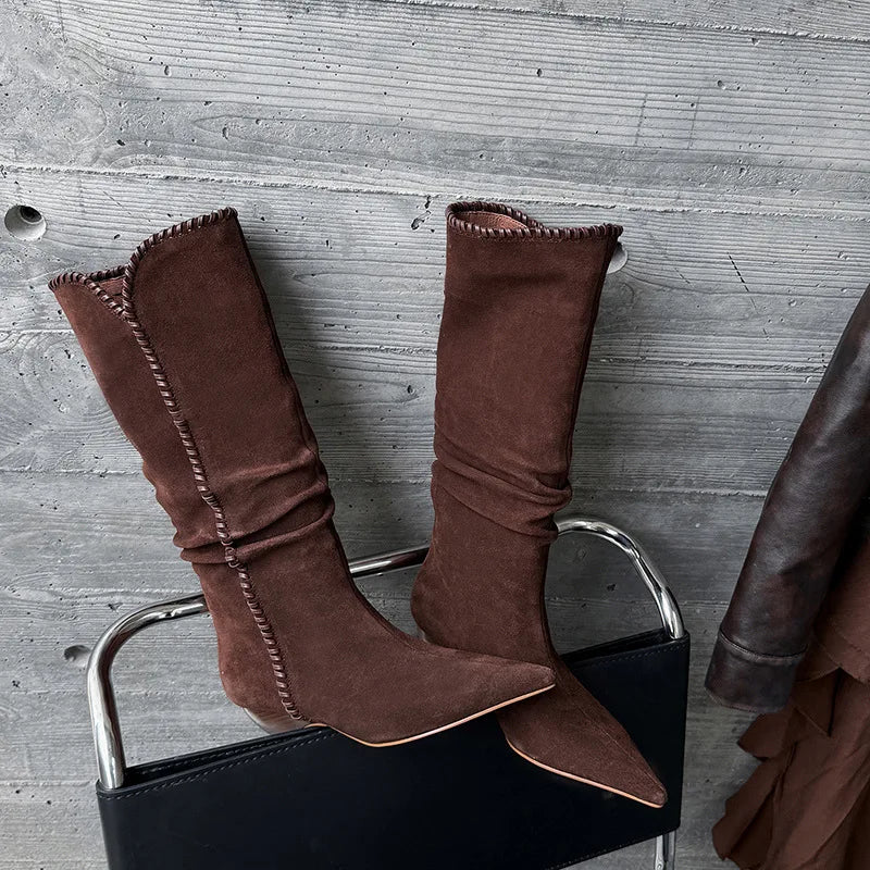 Autumn Cow suede Pleated Western Boots