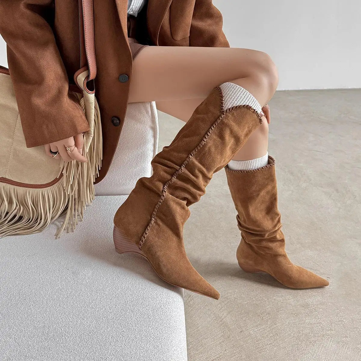 Autumn Cow suede Pleated Western Boots