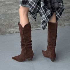 Autumn Cow suede Pleated Western Boots