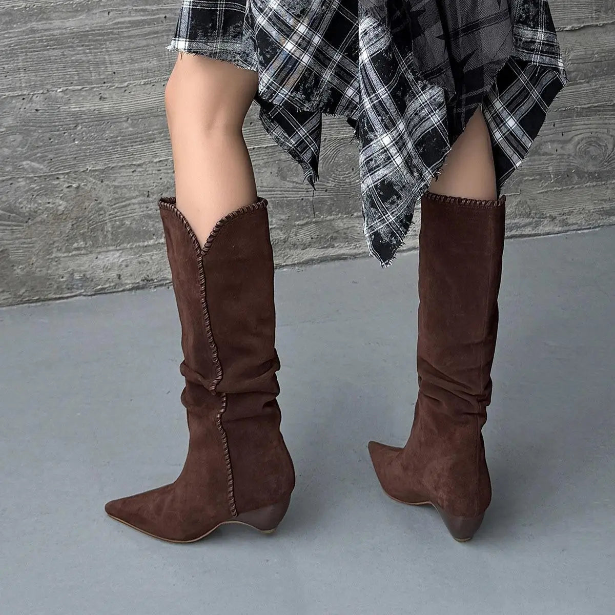 Autumn Cow suede Pleated Western Boots