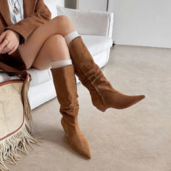 Autumn Cow suede Pleated Western Boots