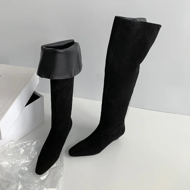 Autumn Cow suede Wedges Over the knee Boots