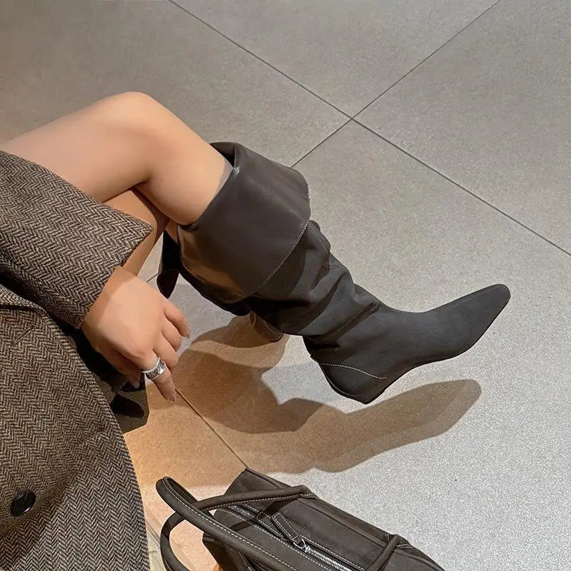 Autumn Cow suede Wedges Over the knee Boots
