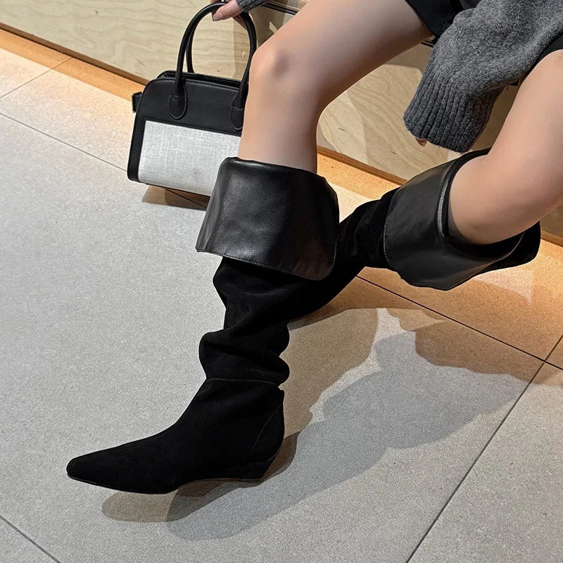 Autumn Cow suede Wedges Over the knee Boots