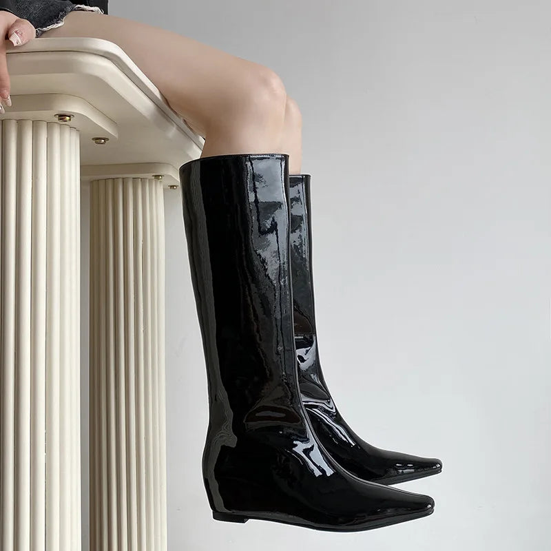 Autumn Cowhide Patent Leather Increased Internal Riding Boots
