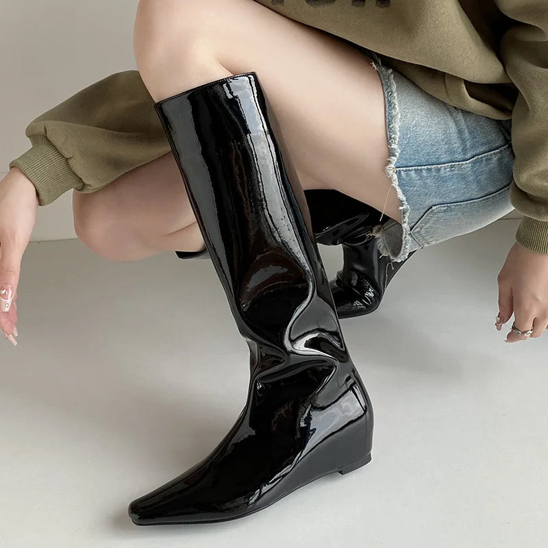 Autumn Cowhide Patent Leather Increased Internal Riding Boots