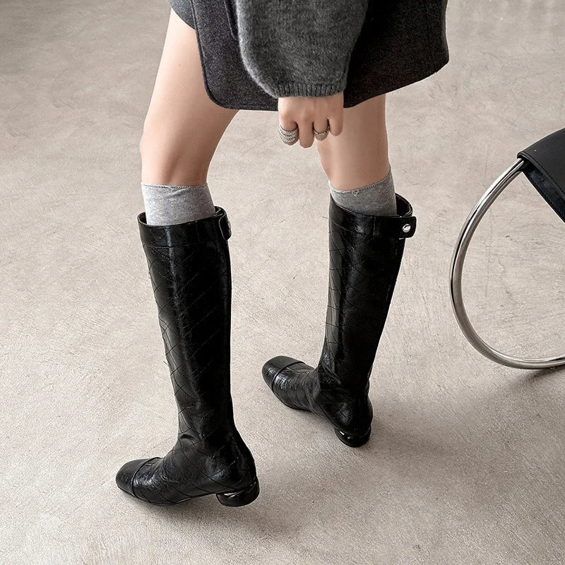 Autumn Cowhide Sewing Plaid Modern Boots