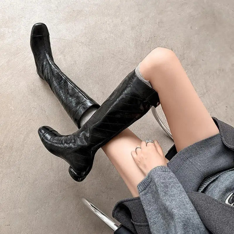 Autumn Cowhide Sewing Plaid Modern Boots