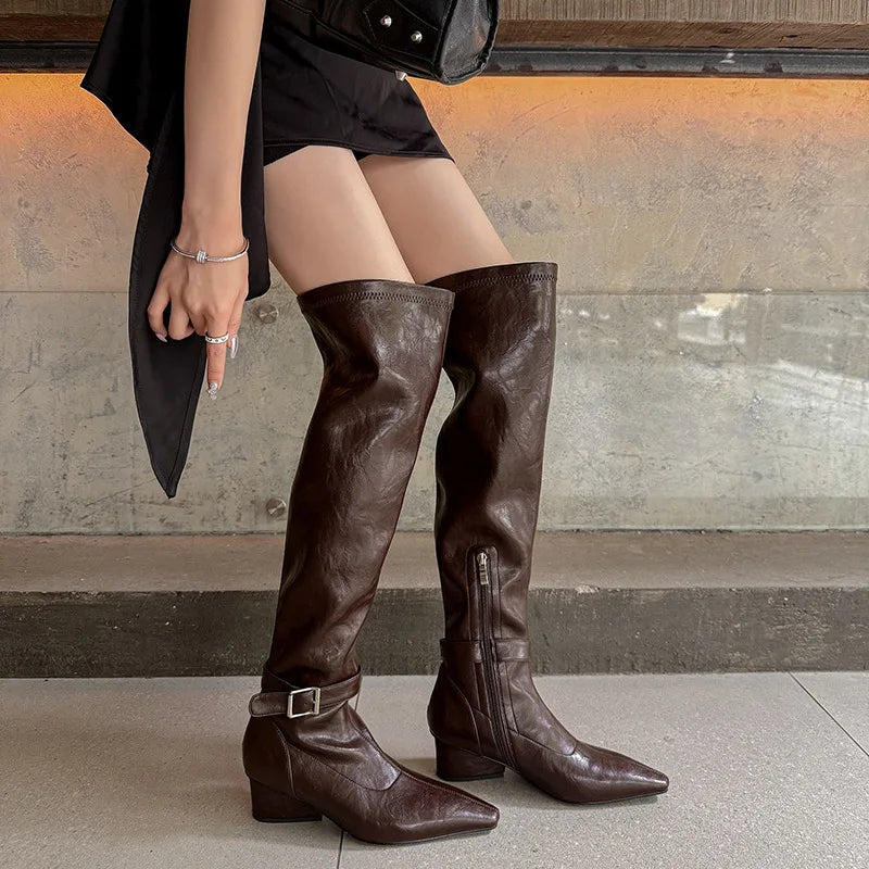 Autumn Elastic PU Pleated Over the knee Boots