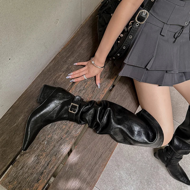Autumn Elastic PU Pleated Over the knee Boots