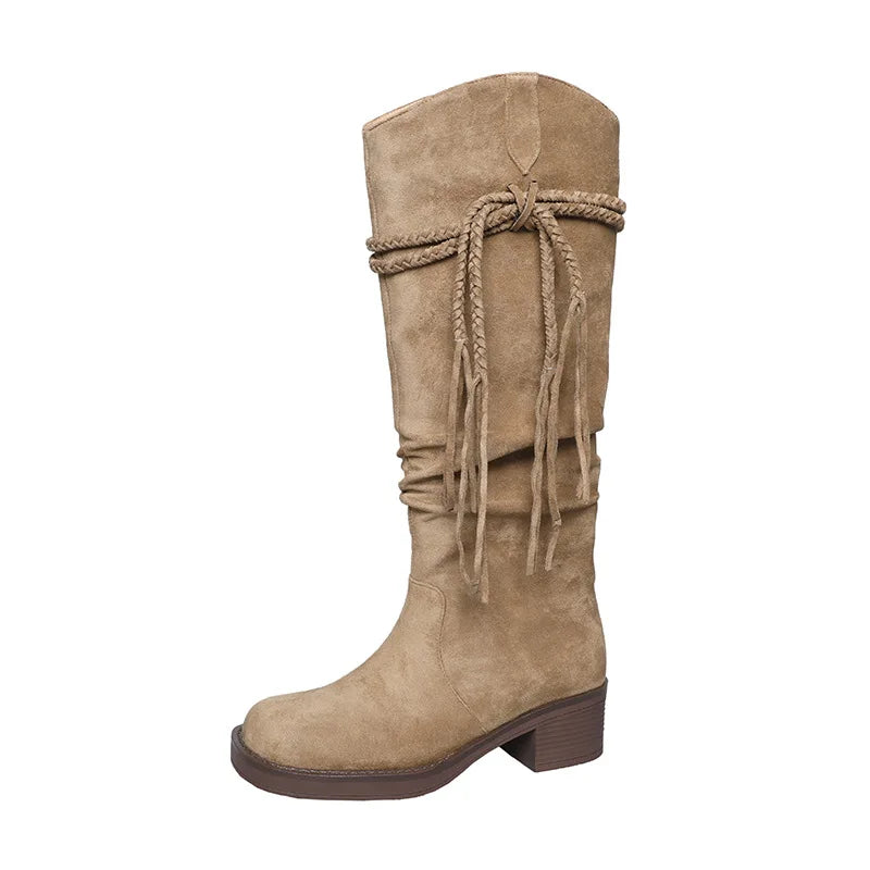 Autumn apricot suede Pleated Tassel Boots